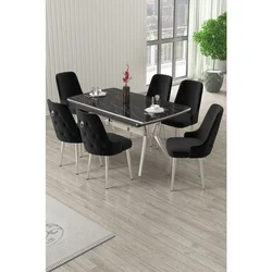 Hanah Home trpezarijski set Nis, sto na razvlačenje i 6 stolica, ploča u dekoru crnog mermera, hromirane noge, crna tkanina Babyface