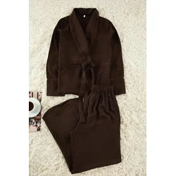 Trendyol Brown Belted Piping Detail Double Breasted Viscose Woven Pajamas Set