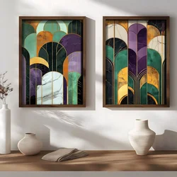 WallXpert set uramljenih MDF slika NAL195-70, art deco lukovi u zelenoj, ljubičastoj i zlatnoj, 2 x 50 x 70 cm