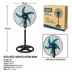 KMT Stoni ventilator, 3-u-1, 60 W, Crni