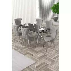 HANAH HOME Rasklopivi trpezarijski sto i stolice (7 delova) Esla Black Marble Chrome Grey