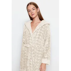 Trendyol Ecru Belted Heart Patterned Fleece Knitted Dressing Gown