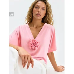 Sinsay - Bluza sa kimono rukavima i 3D ružom - roze