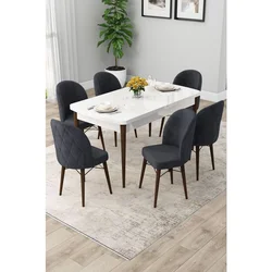 Hanah Home trpezarijski set Rut, sto na razvlačenje i 6 stolica, bela ploča, noge boje oraha, antracit tkanina Babyface
