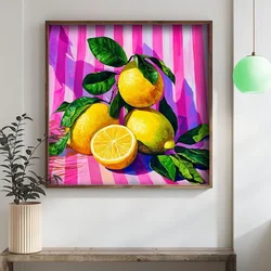 WallXpert uramljena MDF slika DOS008-50, limunovi sa listovima na ružičastim prugama, 50 x 50 cm