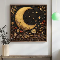 WallXpert uramljena MDF slika DOS066-70, zlatni polumesec i zvezde iznad cvetne livade, 70 x 70 cm