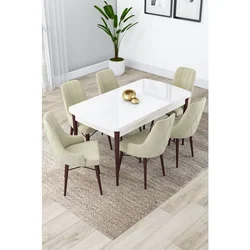 Hanah Home trpezarijski set Lia, sto na razvlačenje i 6 stolica, bela ploča, noge boje oraha, krem tkanina Babyface