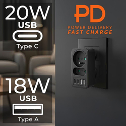 Maclean Maclean vtičnica x2 + 4xUSB, razdelilec z 2 vtičnicama, 2xUSB A, 2xUSB C PD 20W, 1x16A + 1x6A, MCE249 F/B