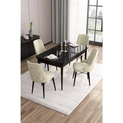 Hanah Home trpezarijski set Are, sto na razvlačenje i 4 stolice, ploča u dekoru crnog mermera, krem tkanina Babyface