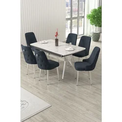 Hanah Home trpezarijski set Nis, sto na razvlačenje i 6 stolica, ploča u dekoru belog mermera, hromirane noge, antracit tkanina Babyface