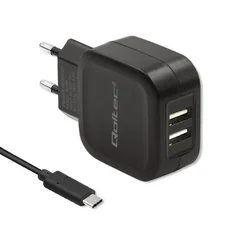 Qoltec stenski polnilnik 17 W | 5 V | 3,4 A | 2 x USB + kabel USB tipa C