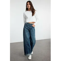 Trendyol Dark Blue High Waist Folded Leg Baggy Balloon Jeans