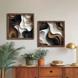 WallXpert set uramljenih MDF slika DOS080-50, apstraktni talasi u crnoj, beloj i braon boji, 2 x 50 x 50 cm