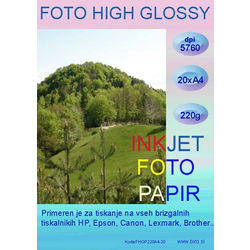 Foto High Glossy InkJet papir A4x20 listov 220g, visoke 5760 resolucije izpisa