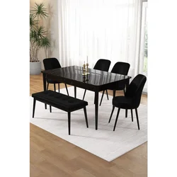 Hanah Home trpezarijski set Pir, sto, 4 stolice i klupa, ploča u dekoru crnog mermera, crna tkanina Babyface