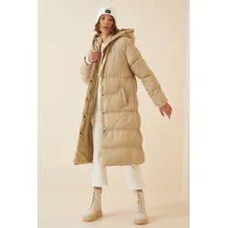 Happiness Istanbul Womens Cream Hooded Oversized Puffy Coat
