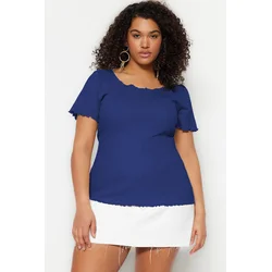Trendyol Curve Blue Ribbed Pool Collar Knitted Plus Size Blouse