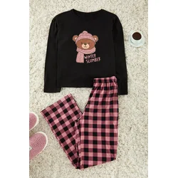 Trendyol Black 100% Cotton Teddy Bear Printed Plaid Knitted Pajama Set
