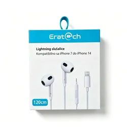 Žične slušalice / žične bubice za iPhone 7-14, Lightning, 1,2 m, mikrofon, bele.  HiFi,.