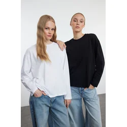 Trendyol Black-White 2-Pack 100% Single Jersey Oversize/Wide Cut Knitted T-Shirt
