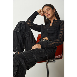 Happiness Istanbul Womens Black Zippered Openwork Knitwear Cardigan