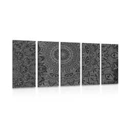 5-delna slika stilska Mandala v črnobeli izvedbi - 200x100