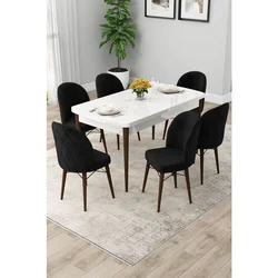 Hanah Home trpezarijski set Rut, sto na razvlačenje i 6 stolica, bela ploča, noge boje oraha, crna tkanina Babyface