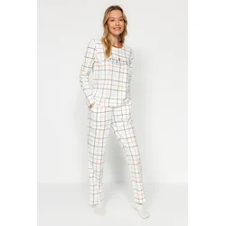 Trendyol White 100% Cotton Plaid Tshirt-Pants Knitted Pajama Set