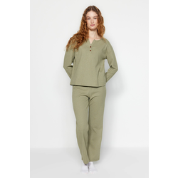 Trendyol Green Waffle Tshirt-Pants Knitted Pajamas Set