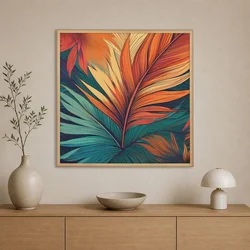 WallXpert uramljena slika na platnu Cc-K-Ah-1002, tropski list u narandžastim i tirkiznim tonovima, 60 x 60 cm