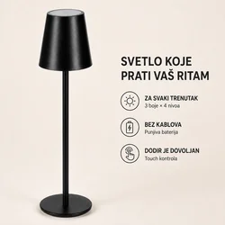 LED stona lampa NERA - punjiva, touch kontrola, 3 boje svetla i 4 nivoa, metalna, crna