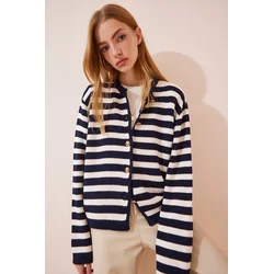 Happiness Istanbul Womens Ecru Navy Blue Striped Knitwear Cardigan with Waistcoat