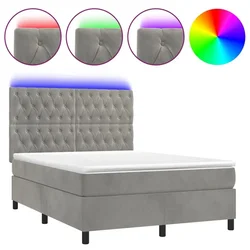 Vidaxl Box spring postelja z vzmetnico LED sv. siva 140x190 cm žamet