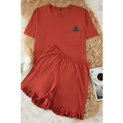 Trendyol Curve Brick Cat Printed Knitted Pajama Set