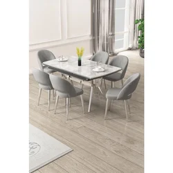 Hanah Home trpezarijski set Weps, sto na razvlačenje i 6 stolica, siva ploča Rampla, hromirane noge, siva tkanina Babyface