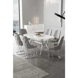 Hanah Home trpezarijski set Epal, sto i 6 stolica, ploča u dekoru belog mermera, hromirane noge, siva tkanina Babyface