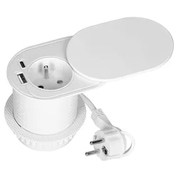 Pohištvena vtičnica z USB polnilnikom in drsnim pokrovom, 1,9 m kabel, 1x2P+E (francoska), 2xUSB (tipa A+C; PD20W), bela