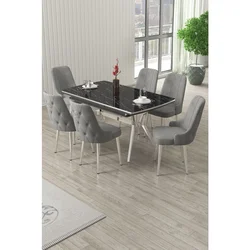 Hanah Home trpezarijski set Nis, sto na razvlačenje i 6 stolica, ploča u dekoru crnog mermera, hromirane noge, siva tkanina Babyface