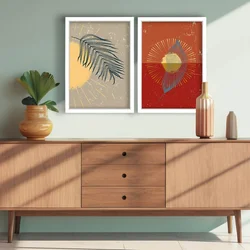WallXpert set od 2 uramljene MDF slike 2P3752SOFTCT-015, boho sunce i palmin list u bež i crvenim tonovima, 38 x 53 cm