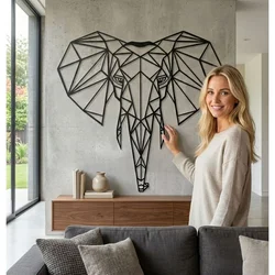 WallXpert metalni zidni ukras 5052, geometrijska glava slona, 58 x 61 cm, crni