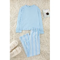 Trendyol Blue 100% Cotton Striped Knitted Pajama Set