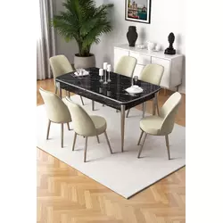 HANAH HOME Rasklopivi trpezarijski sto i stolice (7 delova) Nira Black Marble Chrome Cream