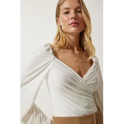Happiness Istanbul Womens Ecru Ecru Elastic Balloon Sleeve Sandy Knitted Blouse