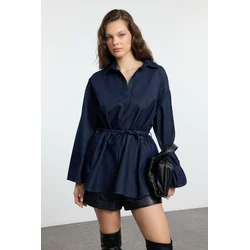 Trendyol Dark Blue Oversize Tie Denim Shirt