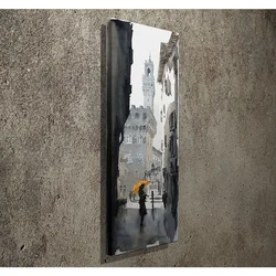 WallXpert slika na platnu PC080, ulica starog grada sa kulom i ženom pod žutim kišobranom, 30 x 80 cm