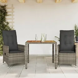3-dijelni bistro set od poliratana s jastucima sivi
