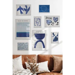 WallXpert set od 8 uramljenih slika Çgs-078, plavi apstraktni motivi – ptice, ženski profil linijom i more, beli ram
