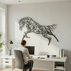 WallXpert metalni zidni ukras 5570, konj u skoku od grana drveća, 75 x 40 cm, crni