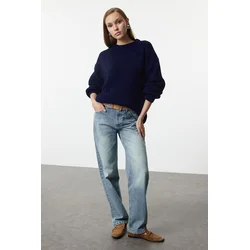 Trendyol Navy Blue Wide Pattern Ribbed Crew Neck Knitwear Sweater