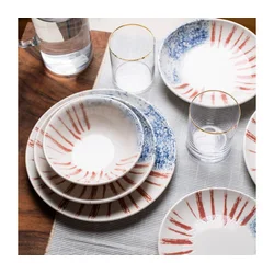 24-delni jedilni komplet, bel/rdeč/moder, porcelan
